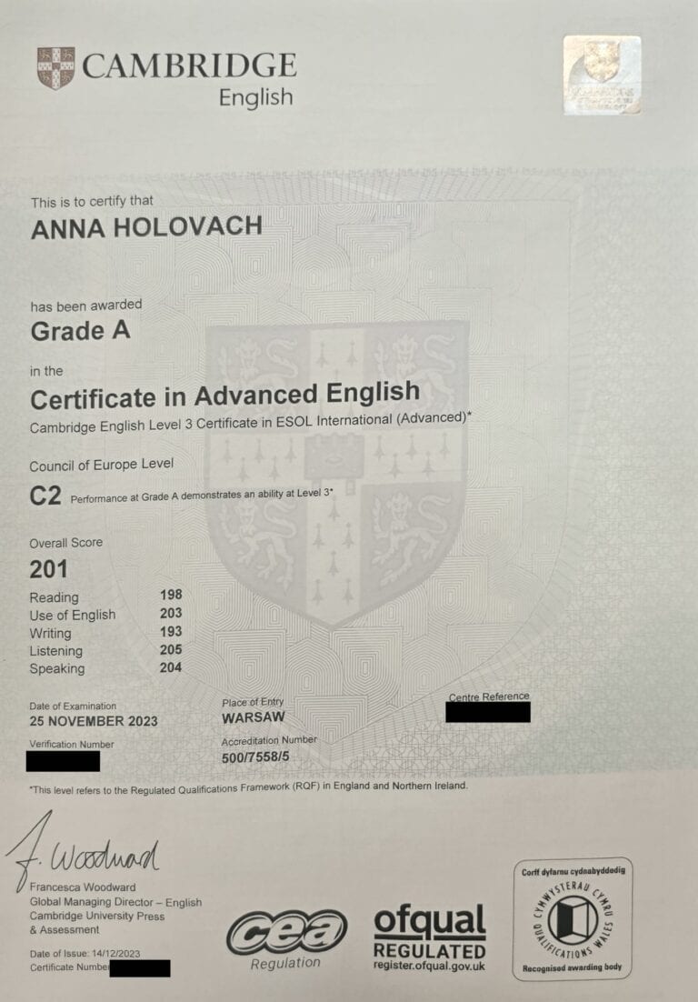 Сертифікат Cambridge C1 Advanced, grade A